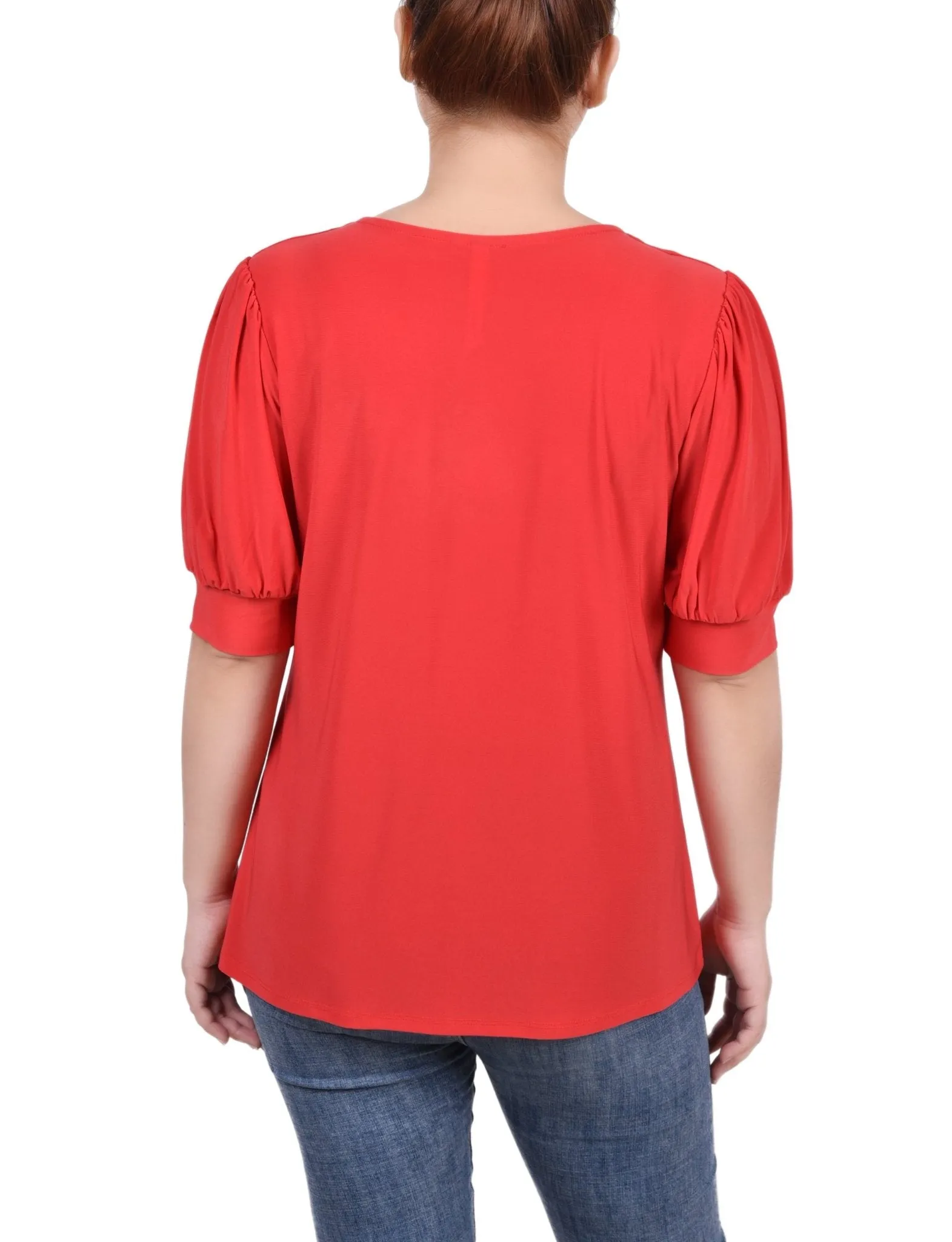 Short Sleeve Balloon Sleeve Top With Hardware - Petite