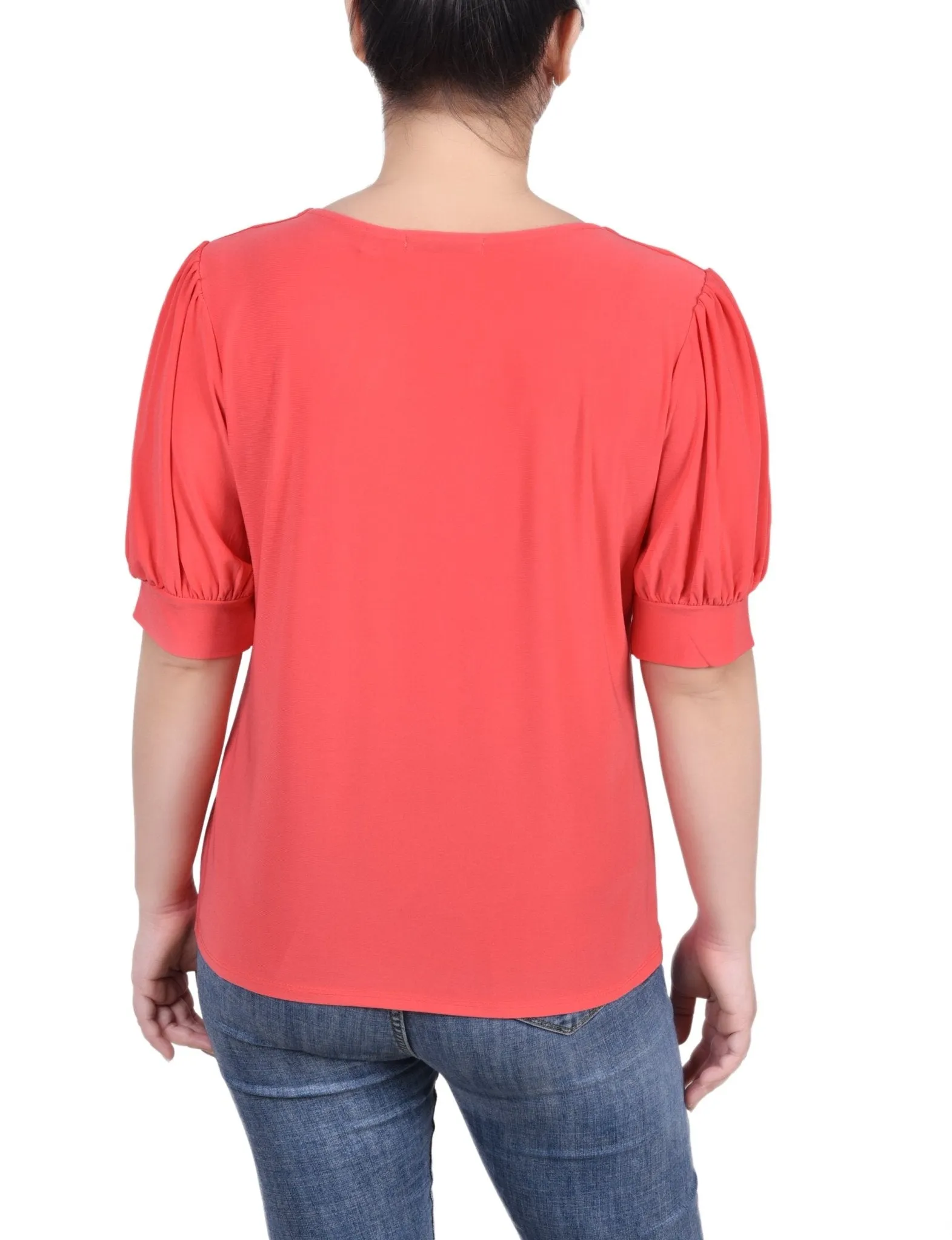 Short Sleeve Balloon Sleeve Top With Hardware - Petite