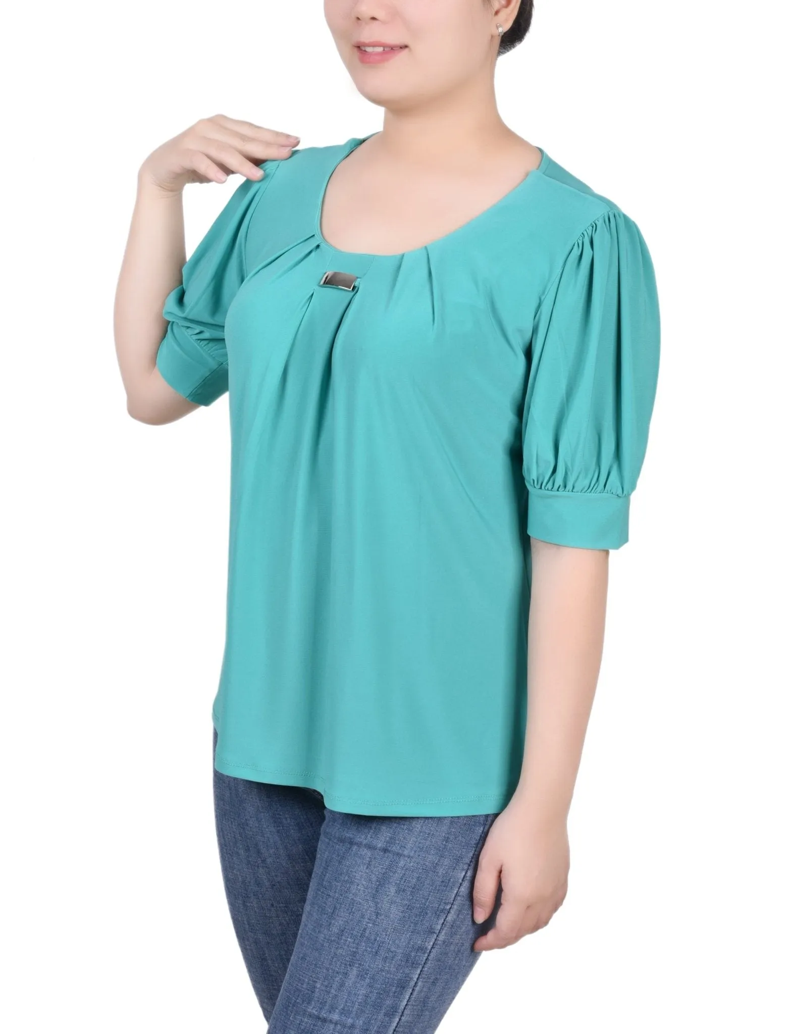 Short Sleeve Balloon Sleeve Top With Hardware - Petite