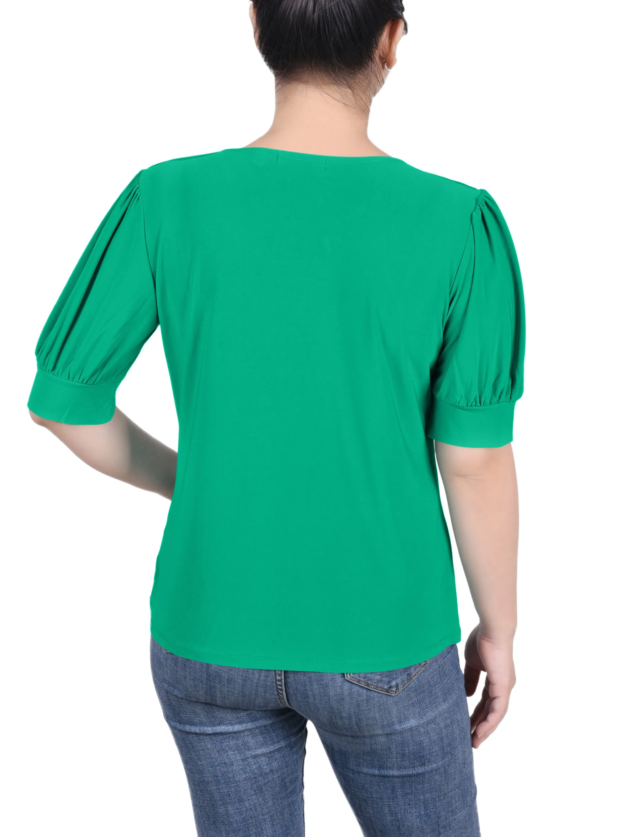 Short Sleeve Balloon Sleeve Top With Hardware - Petite