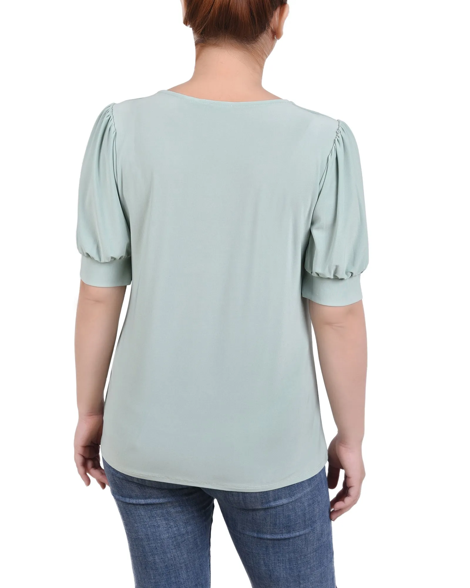 Short Sleeve Balloon Sleeve Top With Hardware - Petite