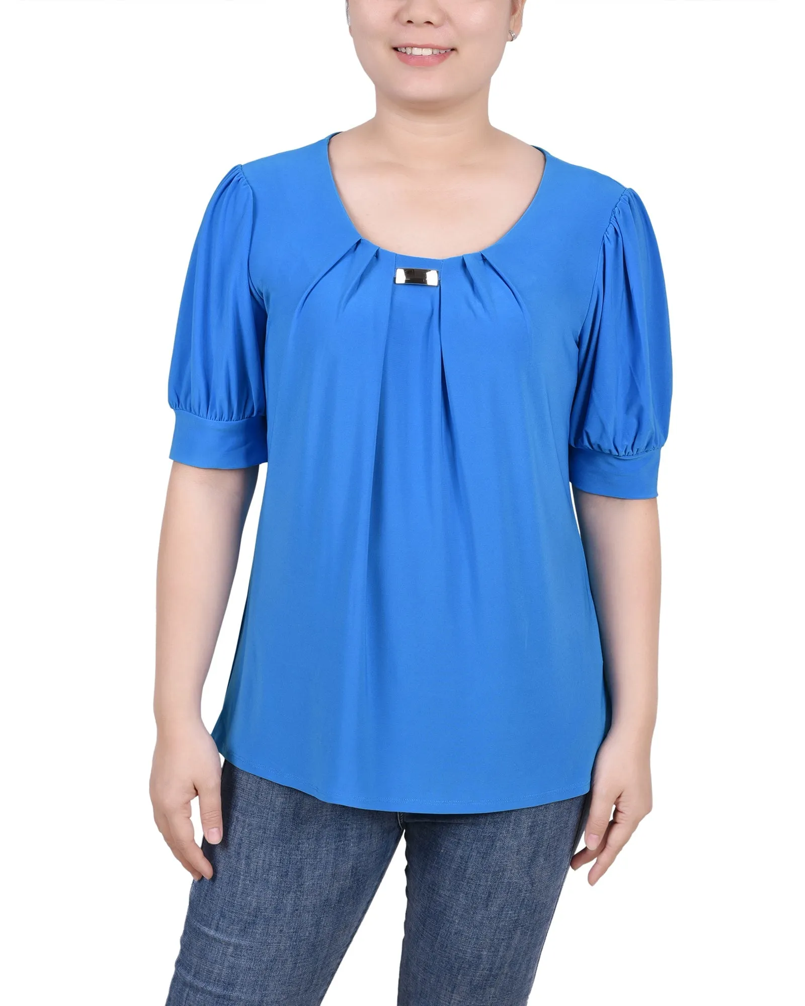 Short Sleeve Balloon Sleeve Top With Hardware - Petite