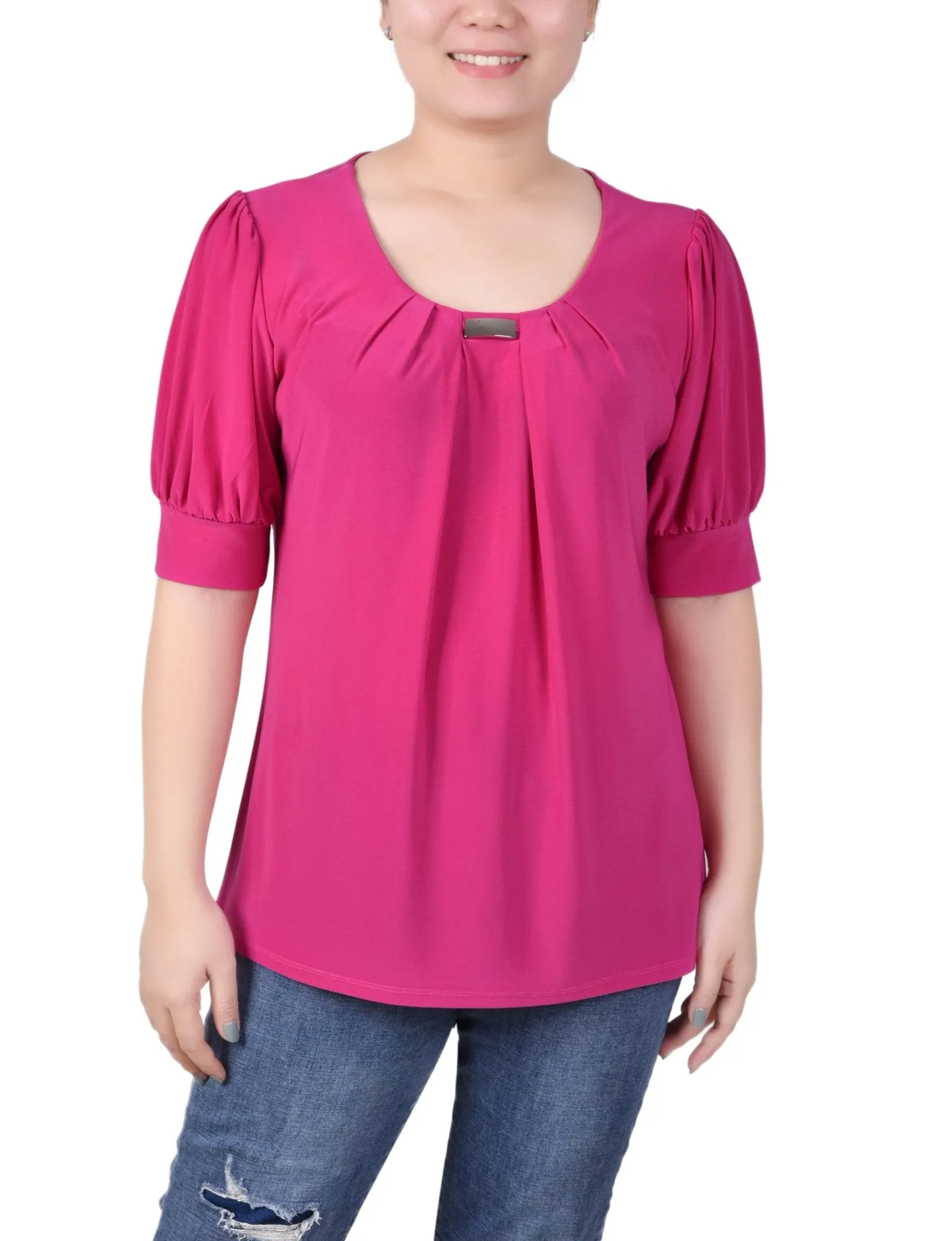 Short Sleeve Balloon Sleeve Top With Hardware - Petite