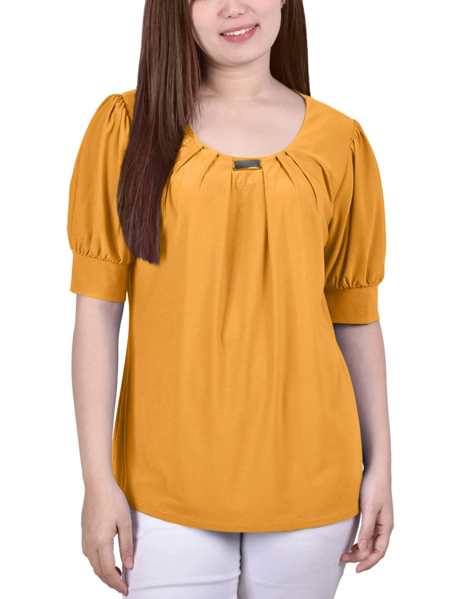 Short Sleeve Balloon Sleeve Top With Hardware - Petite