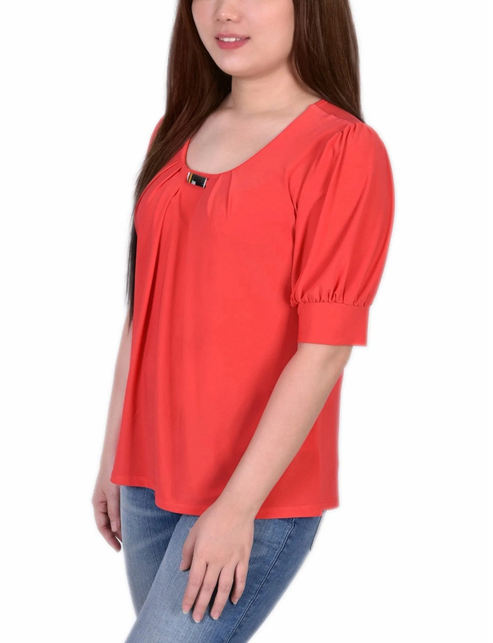 Short Sleeve Balloon Sleeve Top With Hardware - Petite