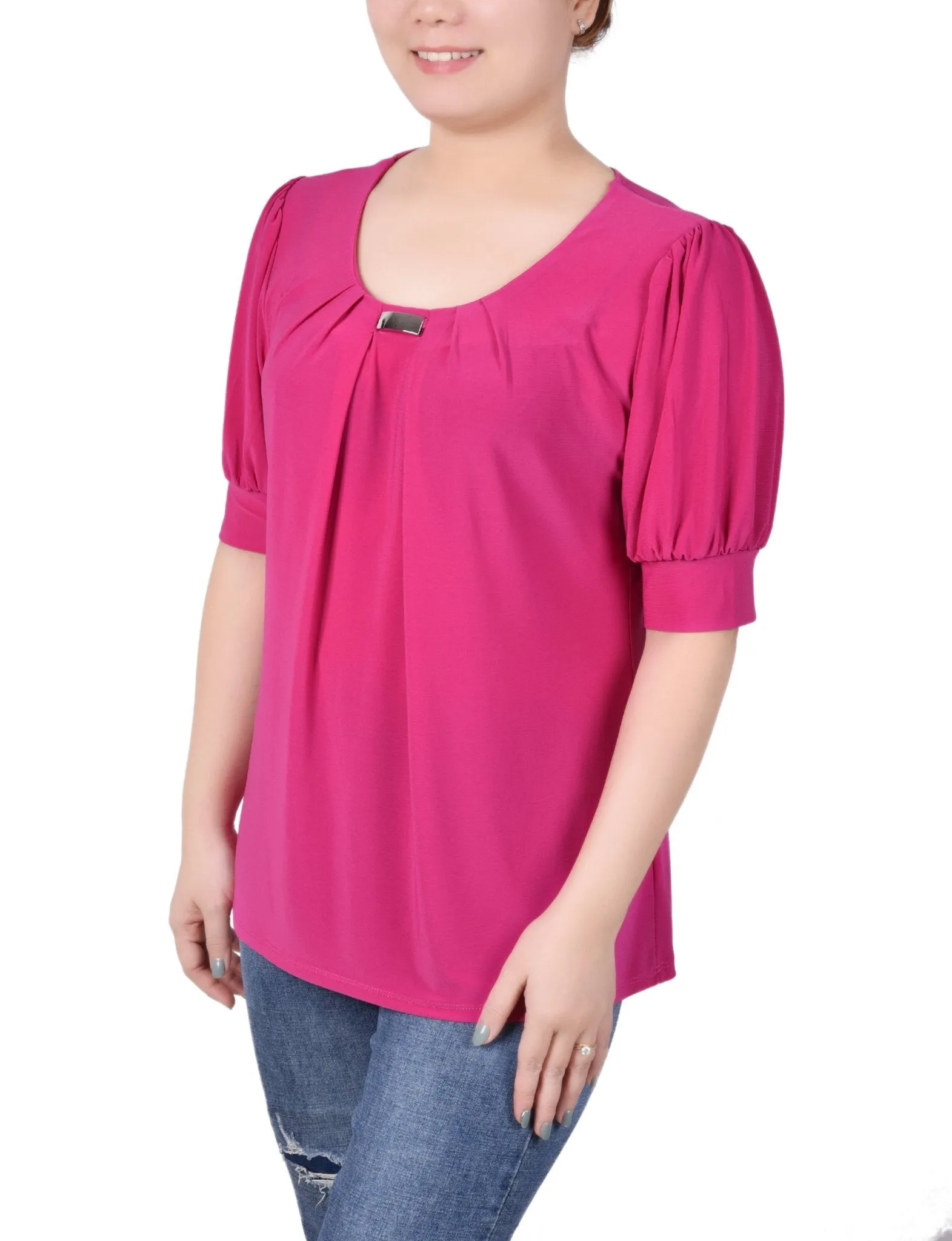 Short Sleeve Balloon Sleeve Top With Hardware - Petite
