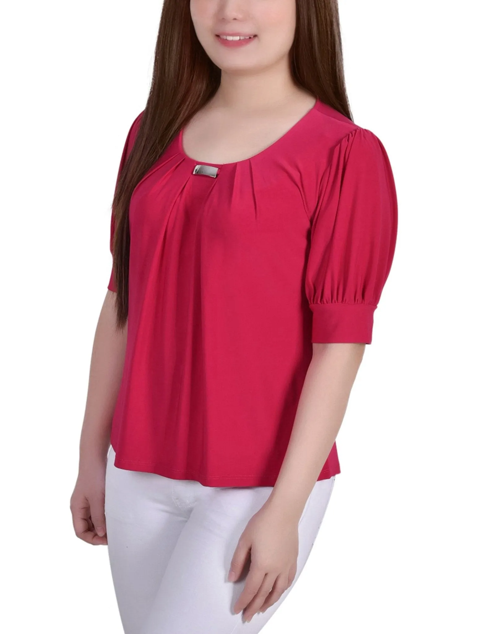 Short Sleeve Balloon Sleeve Top With Hardware - Petite