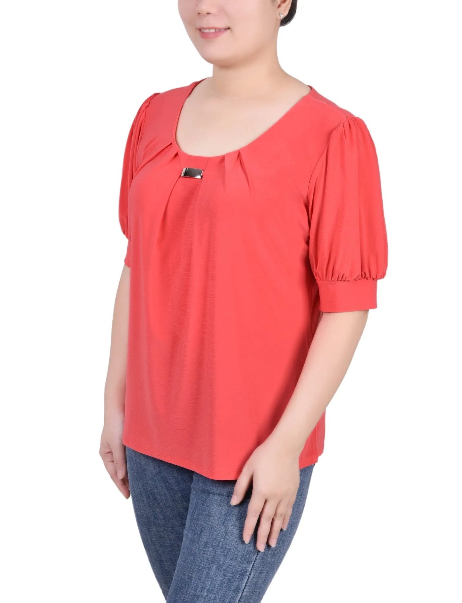 Short Sleeve Balloon Sleeve Top With Hardware - Petite