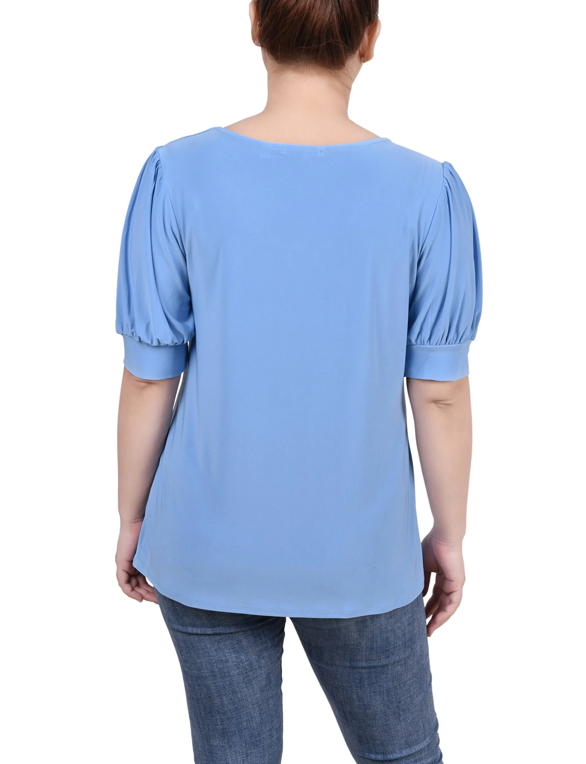 Short Sleeve Balloon Sleeve Top With Hardware - Petite