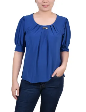 Short Sleeve Balloon Sleeve Top With Hardware - Petite