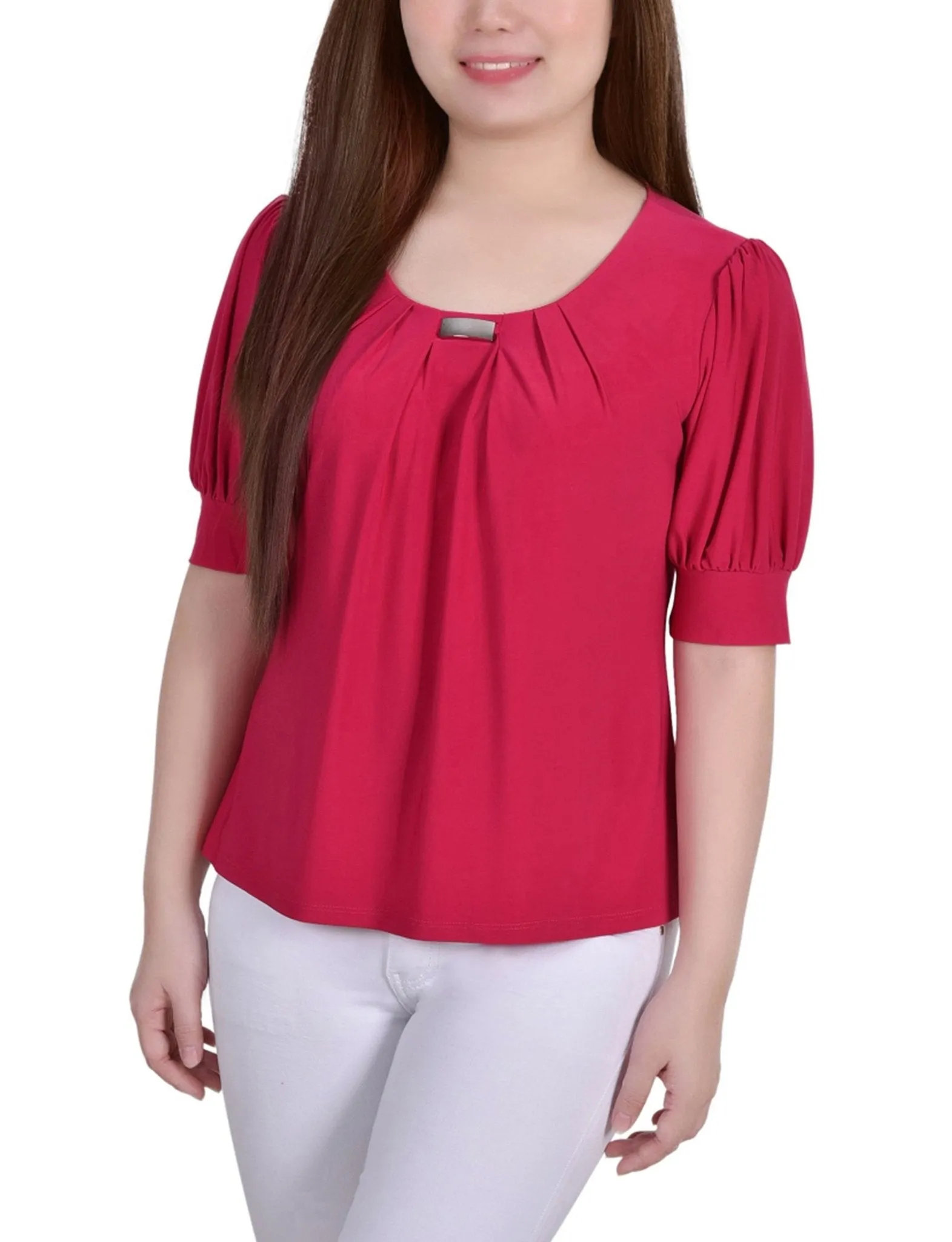 Short Sleeve Balloon Sleeve Top With Hardware - Petite