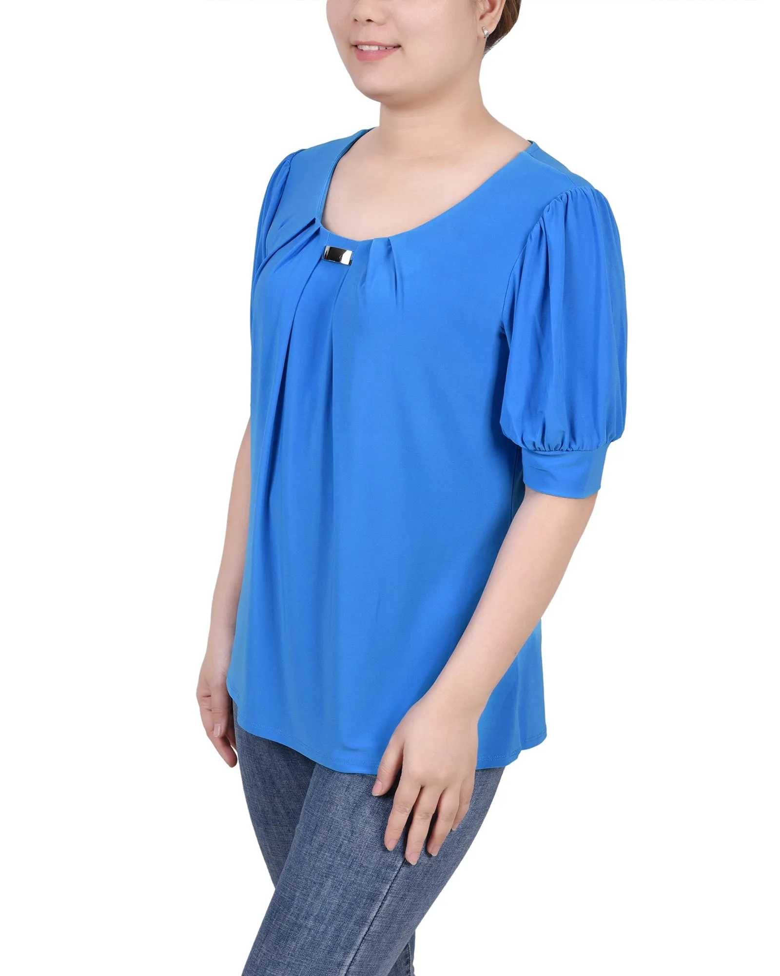 Short Sleeve Balloon Sleeve Top With Hardware - Petite