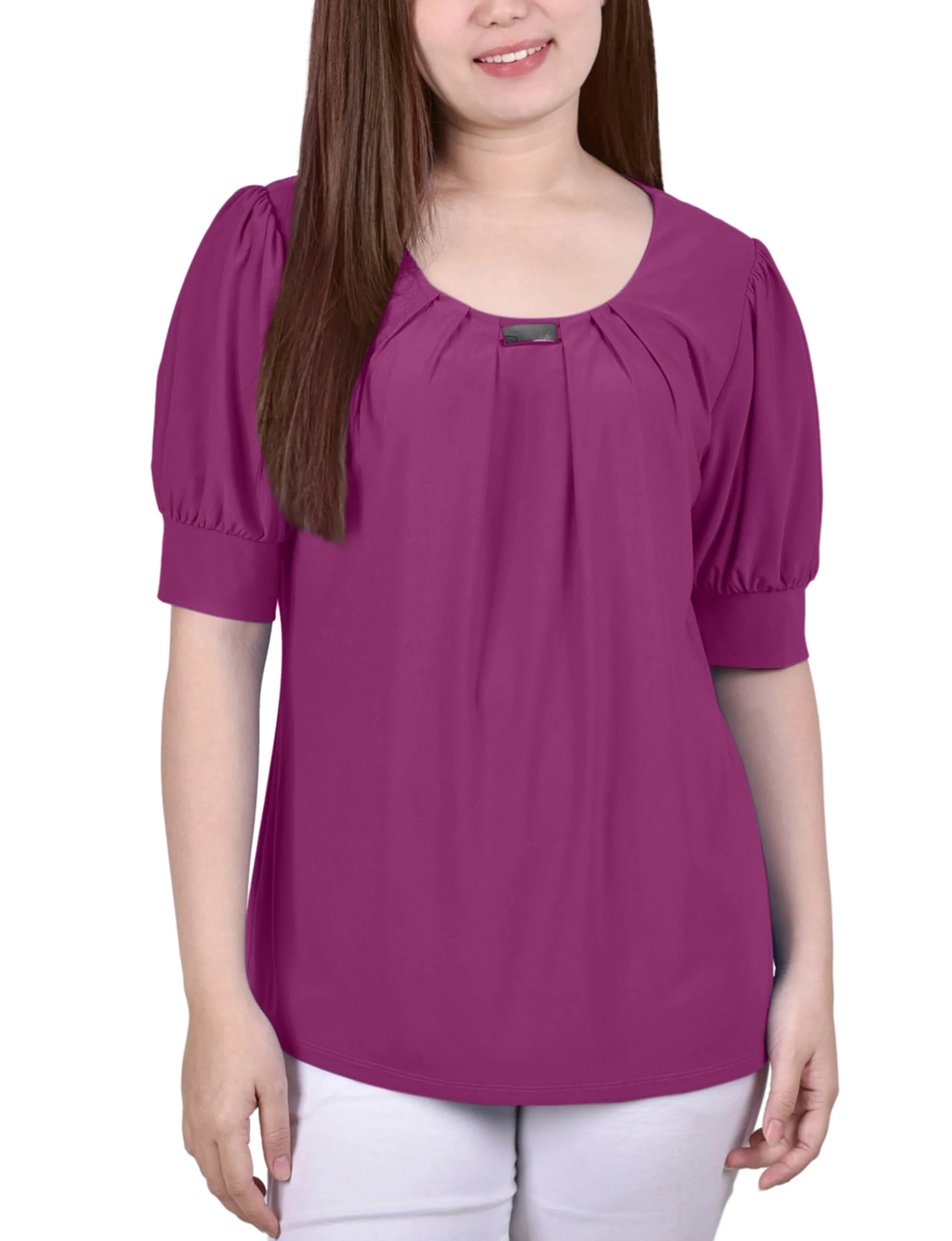 Short Sleeve Balloon Sleeve Top With Hardware - Petite