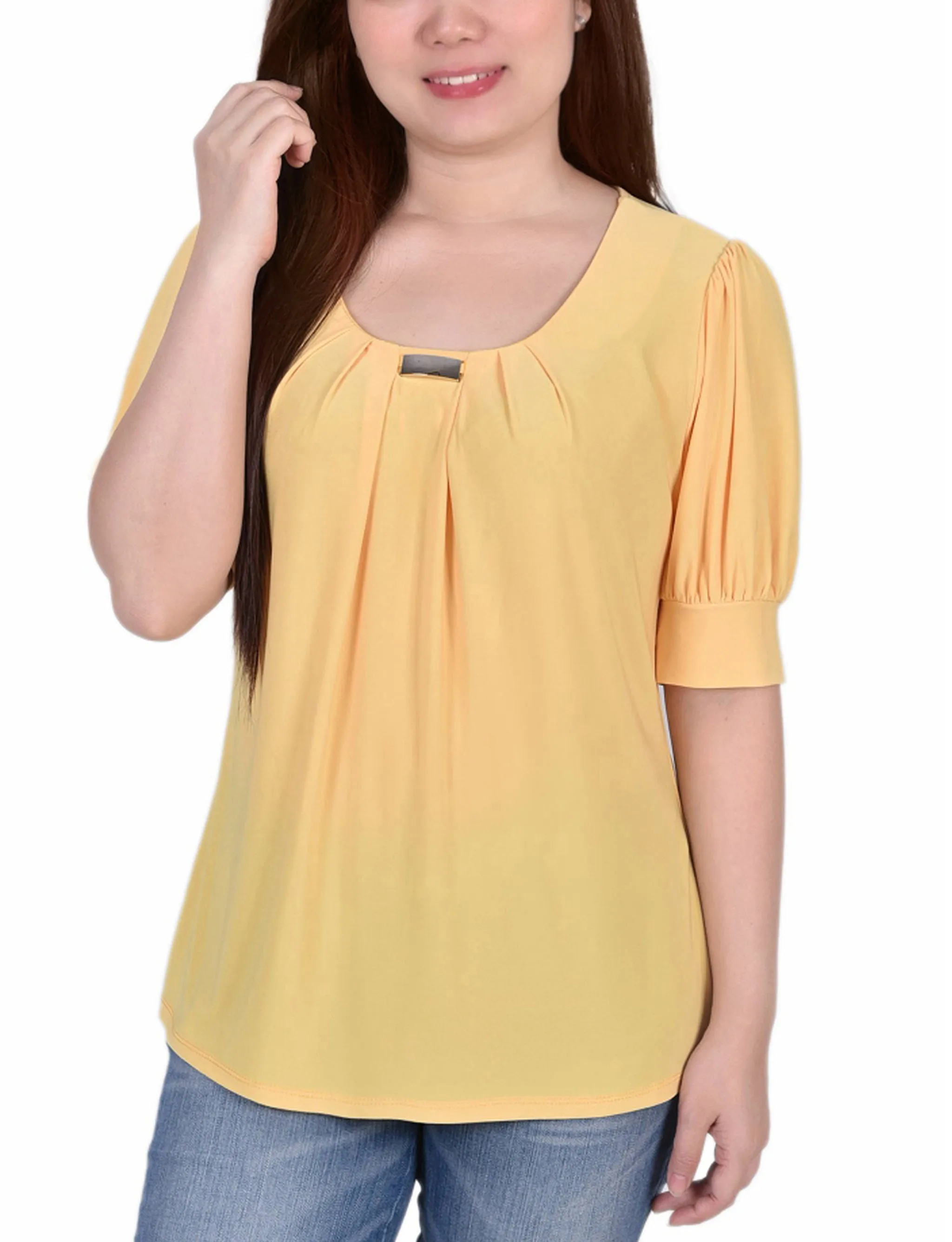 Short Sleeve Balloon Sleeve Top With Hardware - Petite