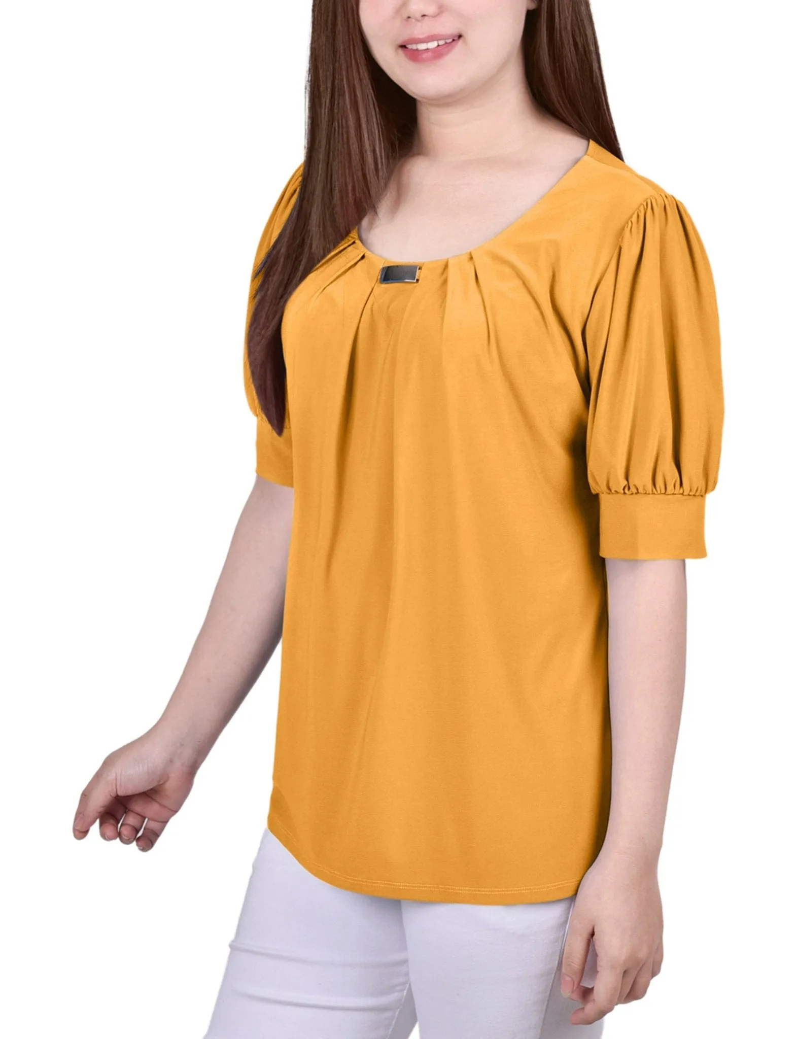 Short Sleeve Balloon Sleeve Top With Hardware - Petite