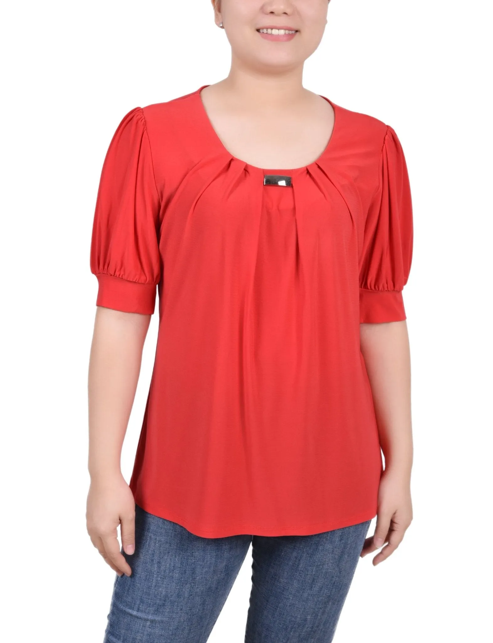 Short Sleeve Balloon Sleeve Top With Hardware - Petite