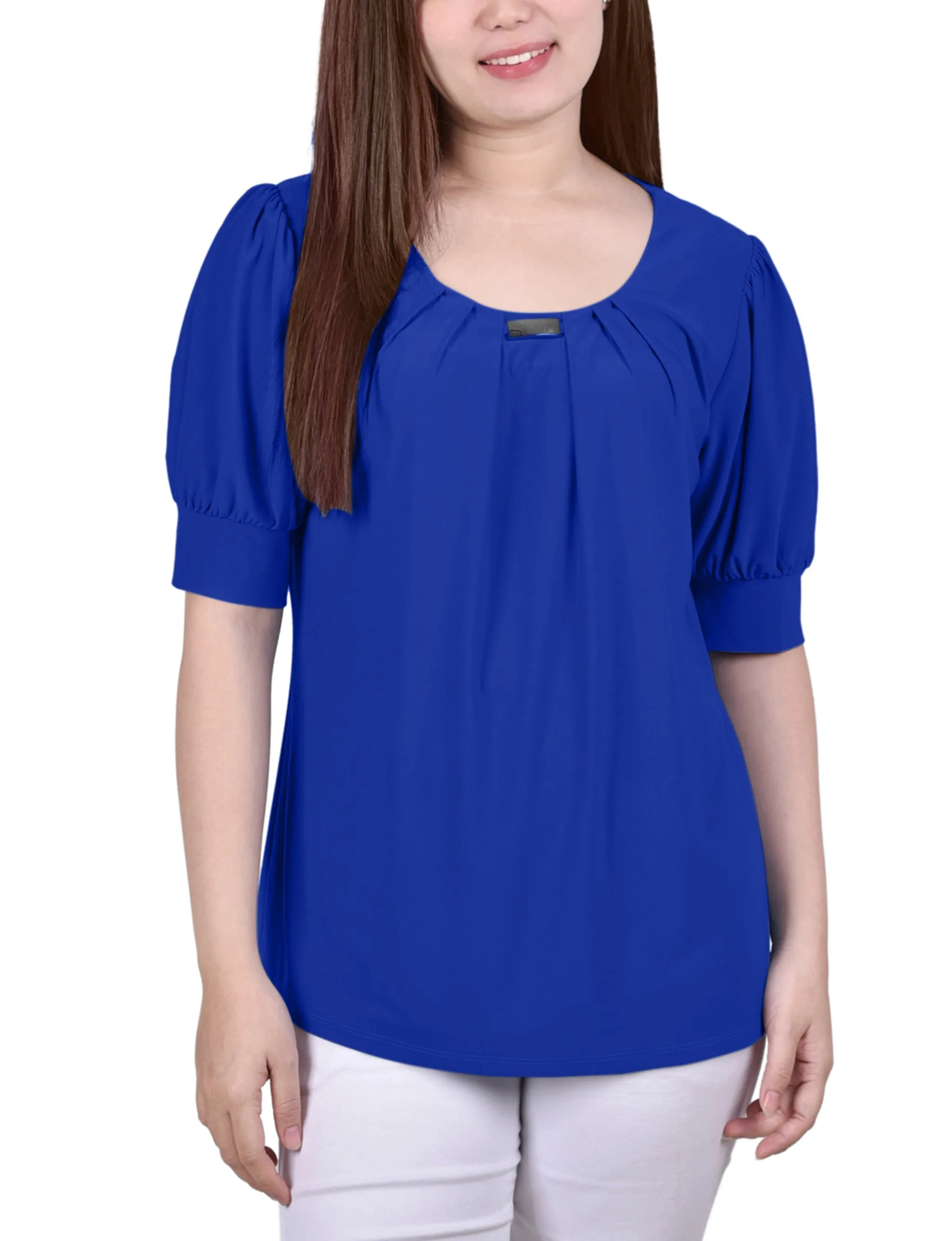 Short Sleeve Balloon Sleeve Top With Hardware - Petite