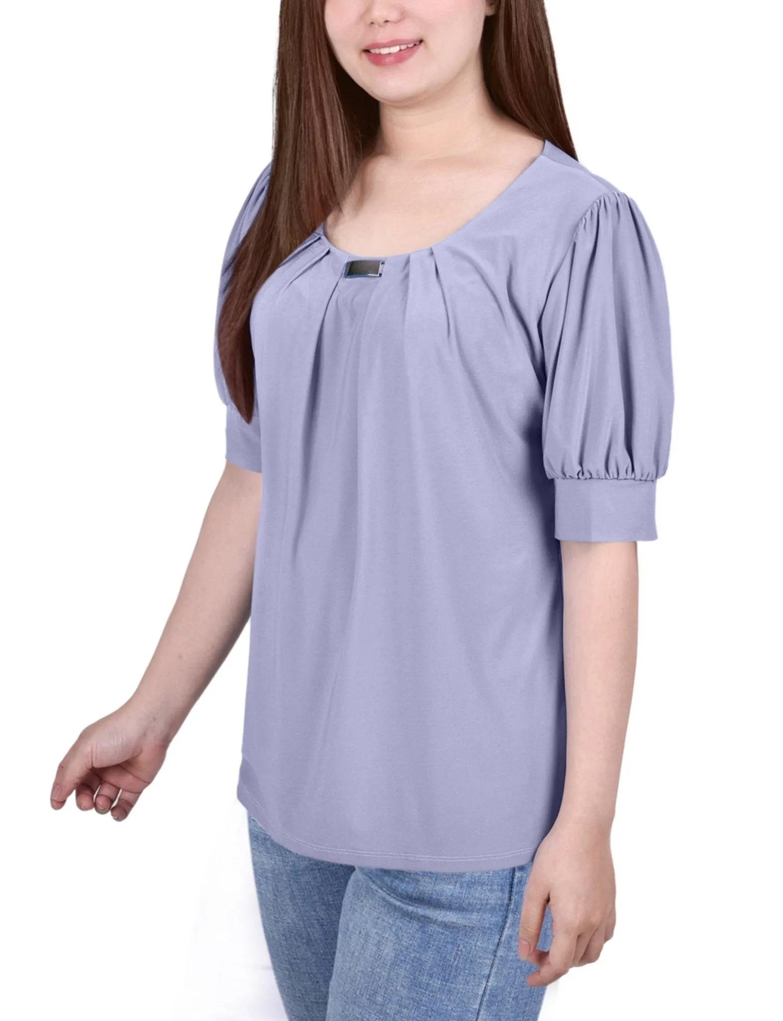 Short Sleeve Balloon Sleeve Top With Hardware - Petite