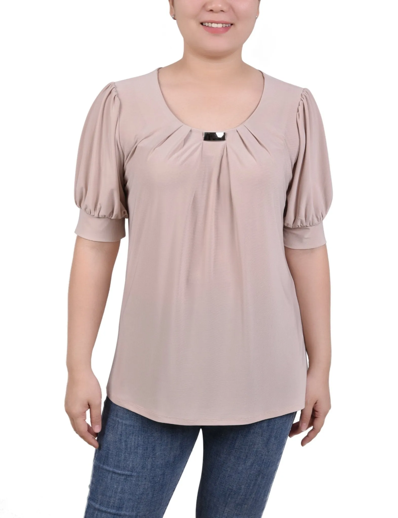 Short Sleeve Balloon Sleeve Top With Hardware - Petite