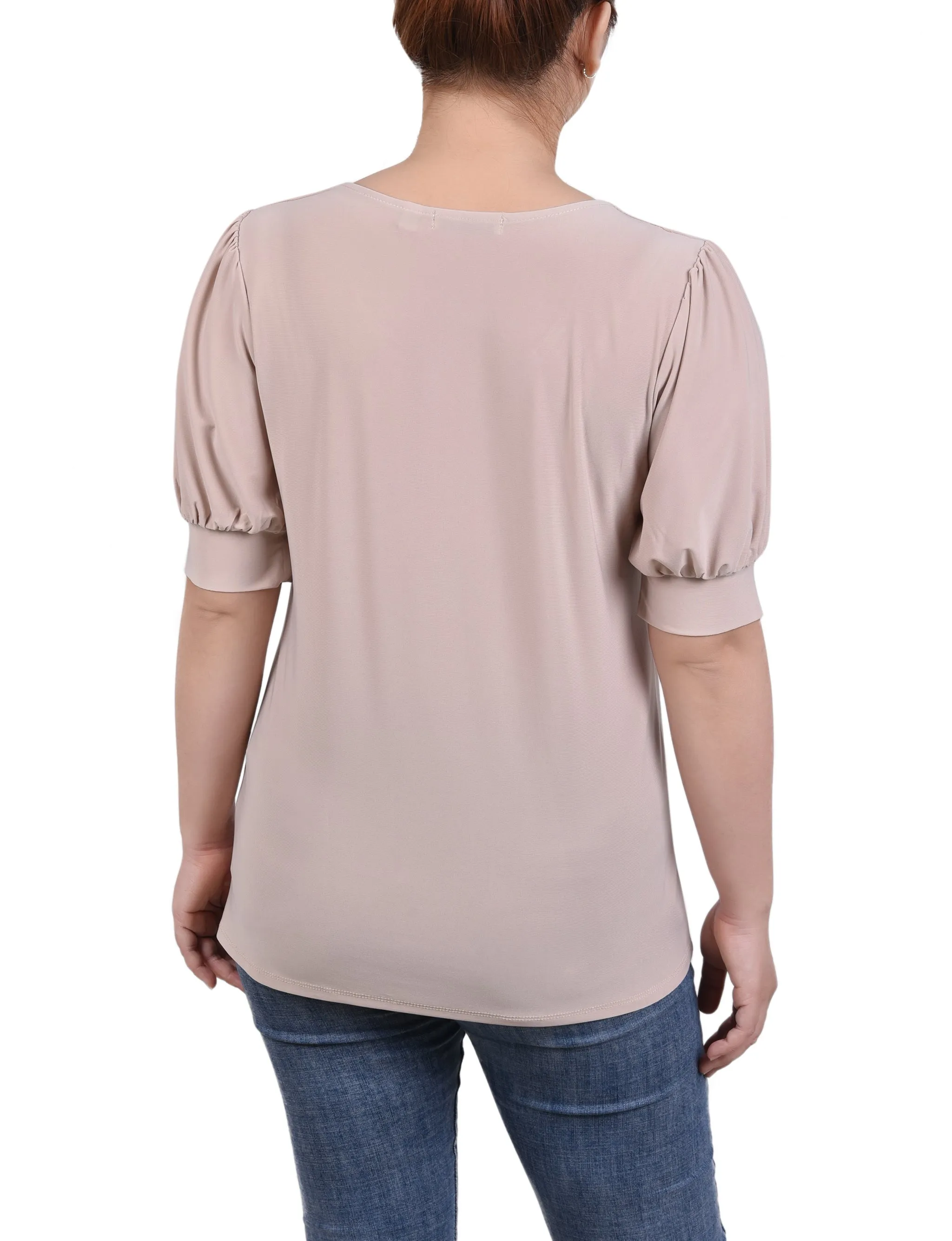 Short Sleeve Balloon Sleeve Top With Hardware - Petite