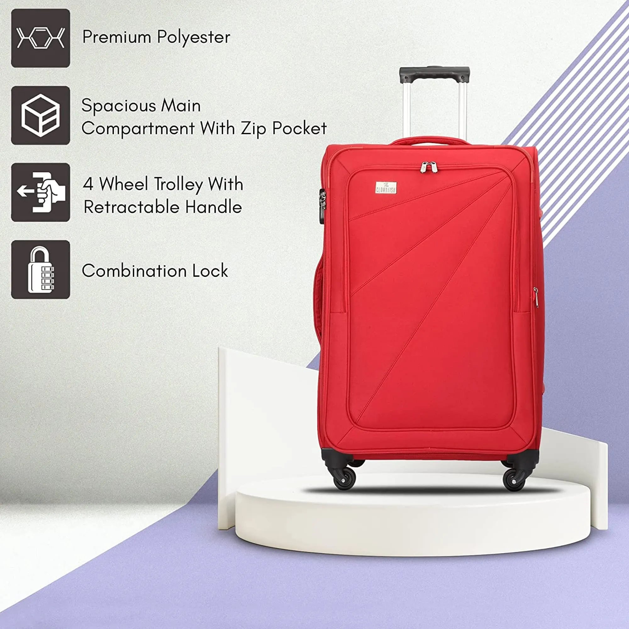 THE CLOWNFISH Farren Luggage Polyester Softcase Suitcase Four Wheel Trolley Bag & Lincoln Duffle Bag - Red (Small Size- 56 cm)