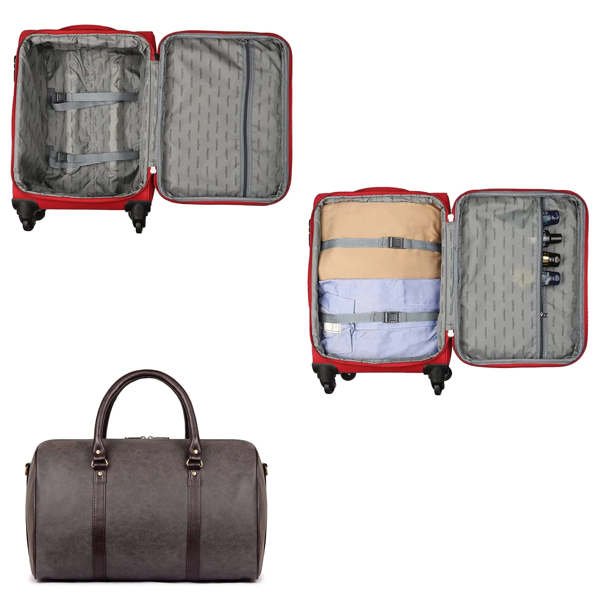 THE CLOWNFISH Farren Luggage Polyester Softcase Suitcase Four Wheel Trolley Bag & Lincoln Duffle Bag - Red (Small Size- 56 cm)