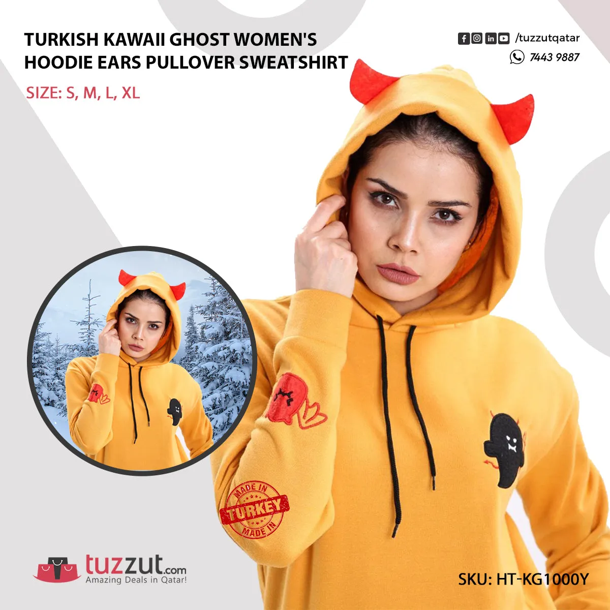Turkish Kawaii Ghost Women's Hoodie Ears Pullover Sweatshirt - Yellow