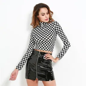 Turtleneck Checkered Crop Top