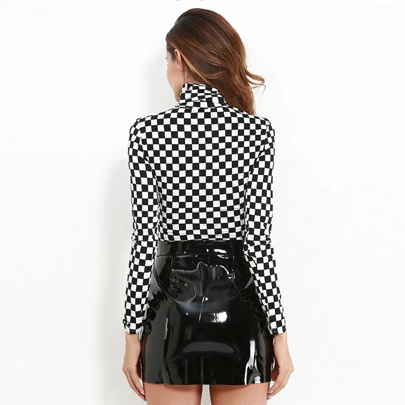 Turtleneck Checkered Crop Top