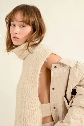Turtleneck Sleeveless Open Sweater, Off White