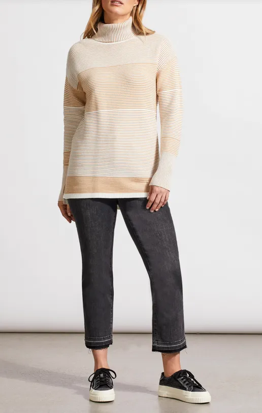 Two Tone Ottoman Turtleneck Tunic Sweater - Cream