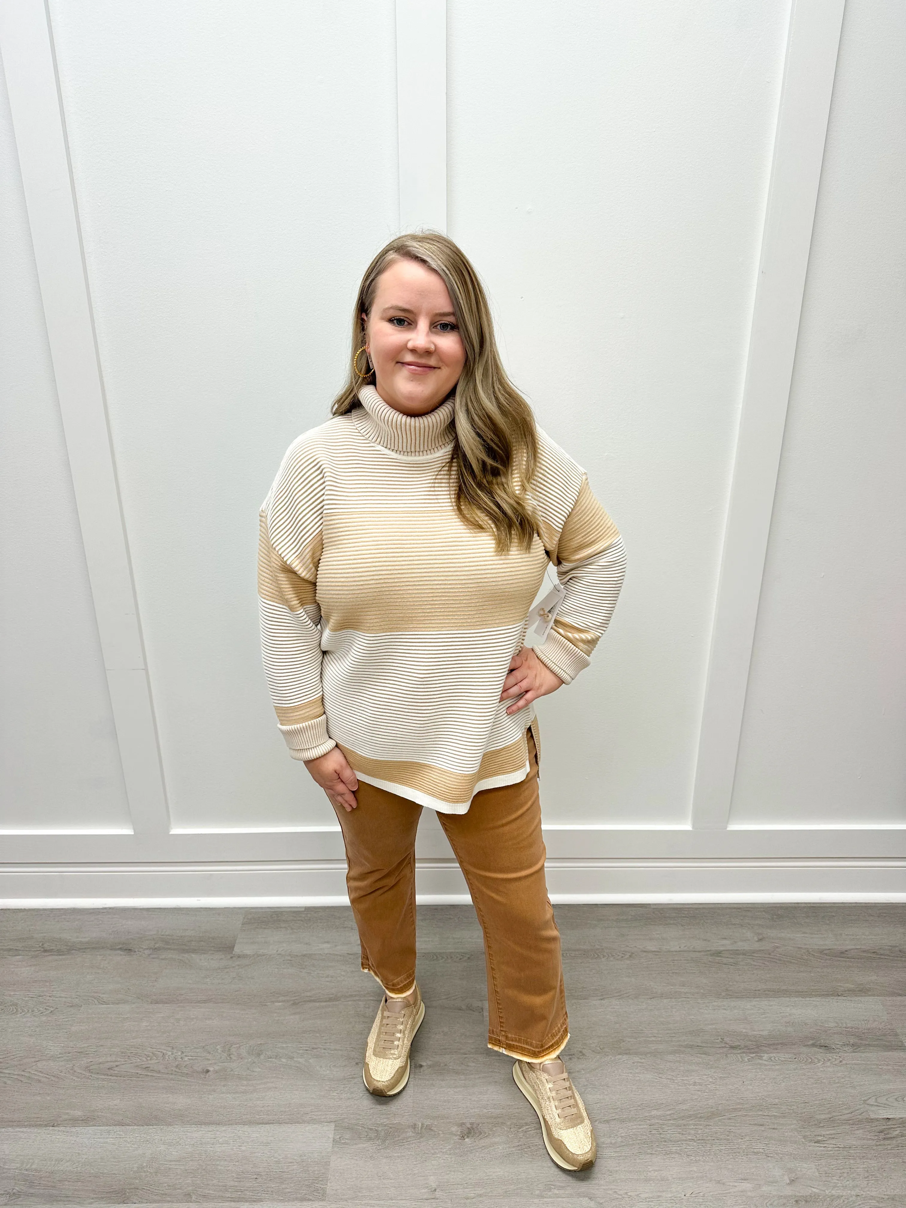 Two Tone Ottoman Turtleneck Tunic Sweater - Cream