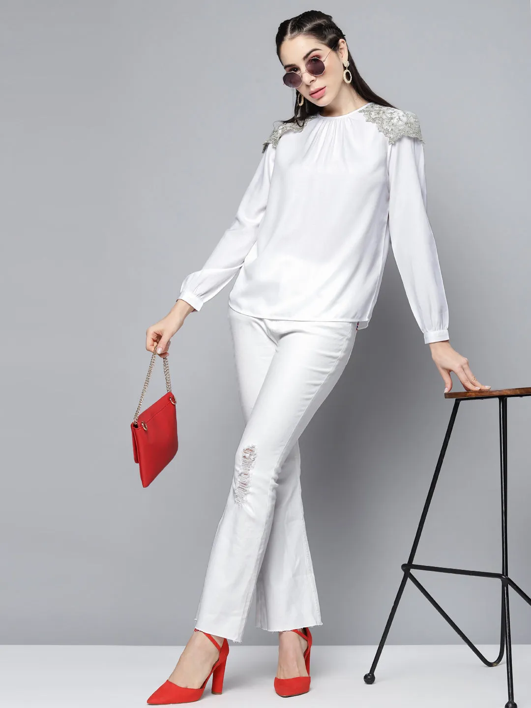 Women White Shoulder Lace Patch Top