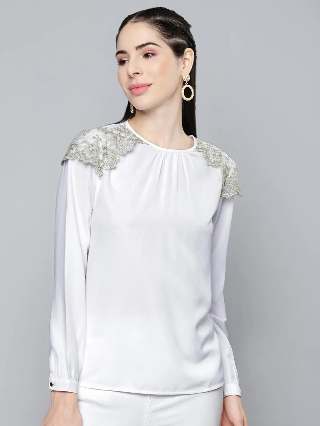Women White Shoulder Lace Patch Top