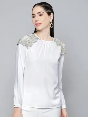 Women White Shoulder Lace Patch Top