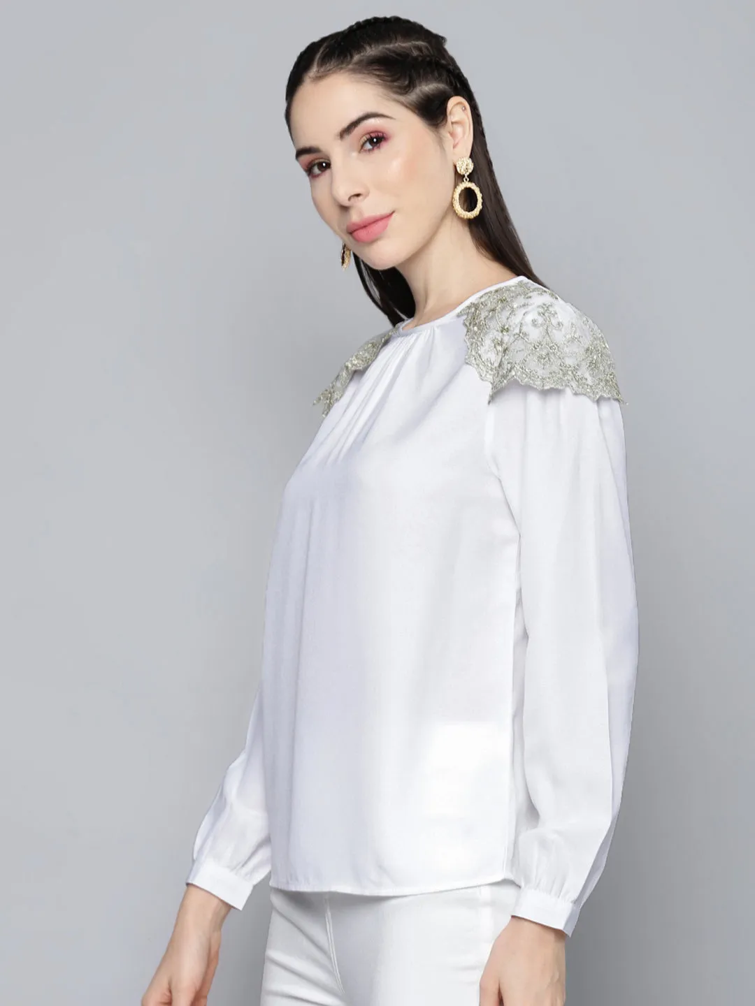 Women White Shoulder Lace Patch Top