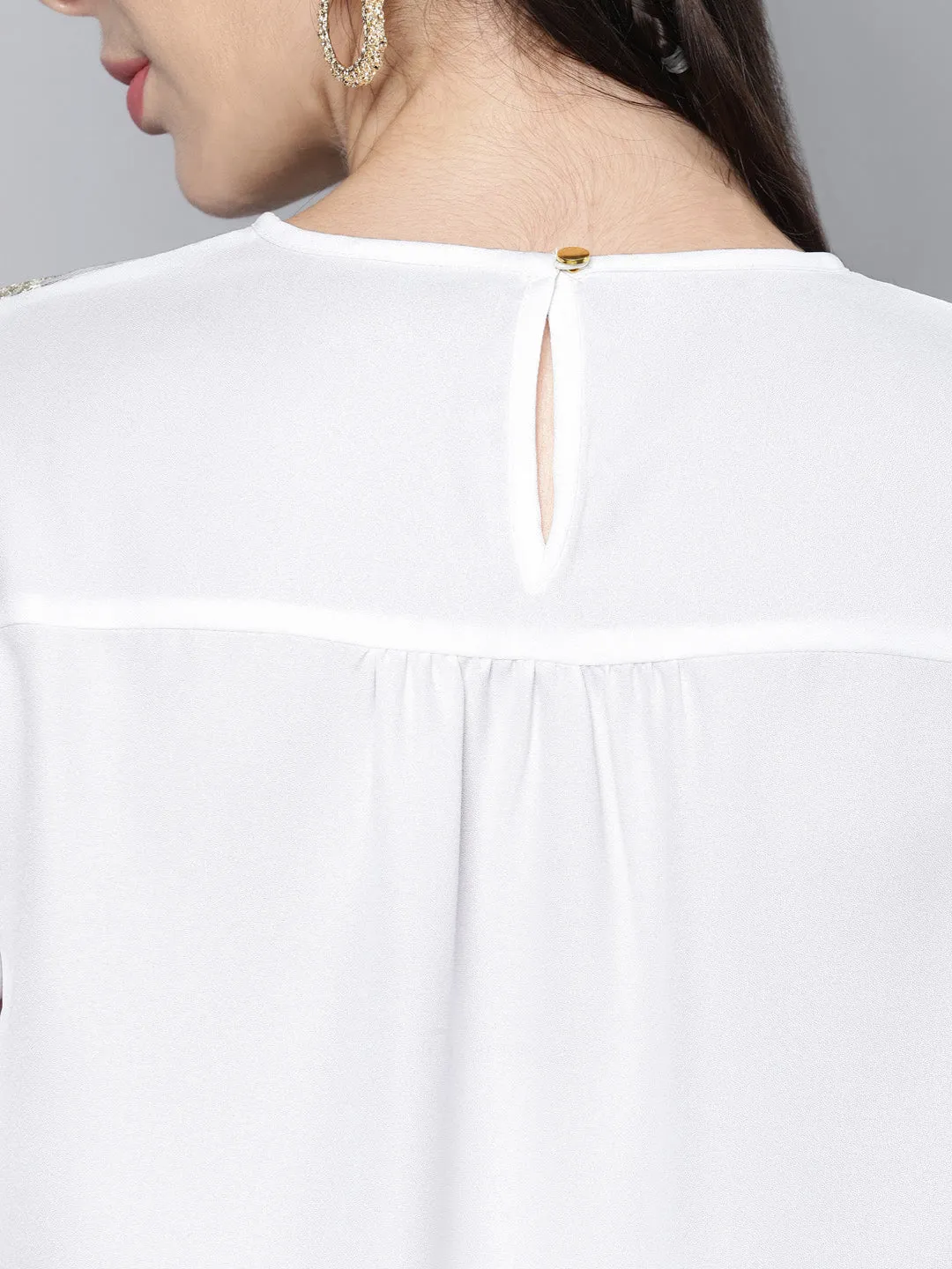 Women White Shoulder Lace Patch Top