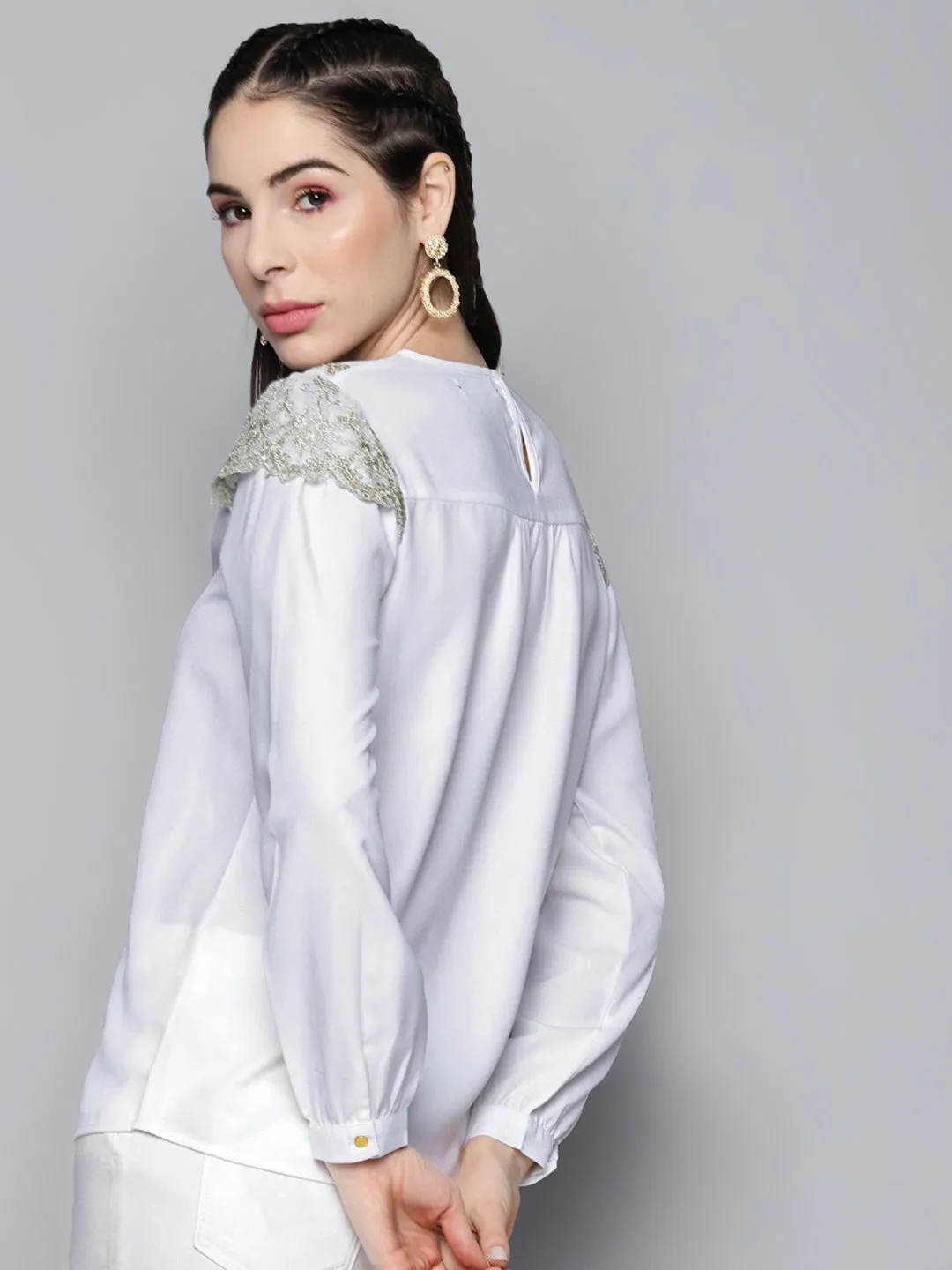 Women White Shoulder Lace Patch Top