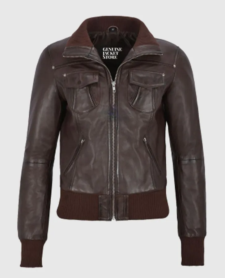 Women's Aviator Brown Bomber Leather Jacket