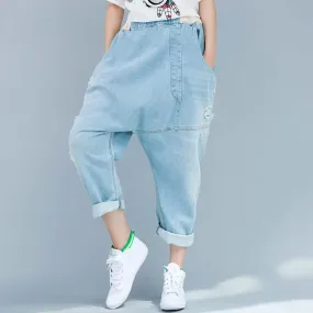 Women's summer blue denim casual pants with pockets pencil pants