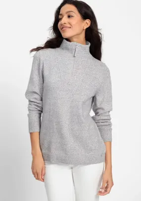 Zip Collar Jumper in Pearl Grey Melange
